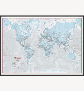 Large The World Is Art Wall Map - Aqua (Pinboard & wood frame - Black)