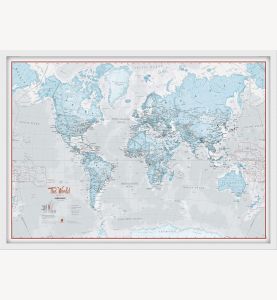 Medium The World Is Art Wall Map - Aqua (Wood Frame - White)
