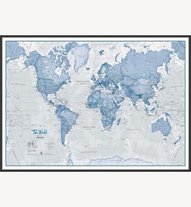 Large The World Is Art Wall Map - Blue (Pinboard & wood frame - Black)