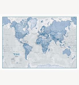 Large The World Is Art Wall Map - Blue (Wood Frame - White)