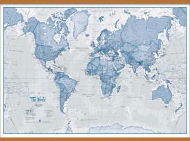 Huge The World Is Art Wall Map - Blue (Wooden hanging bars)