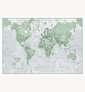 Large The World Is Art Wall Map - Green (Wood Frame - White)