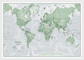 Small The World Is Art Wall Map - Green (Wood Frame - White)