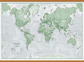 Large The World Is Art Wall Map - Green (Wooden hanging bars)