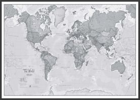 Large The World Is Art Wall Map - Grey (Pinboard & wood frame - Black)