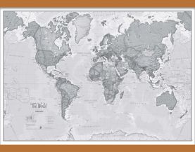 Medium The World Is Art Wall Map - Grey (Wooden hanging bars)