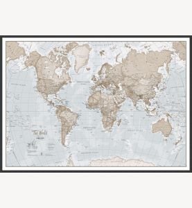 Large The World Is Art Wall Map - Neutral (Pinboard & wood frame - Black)