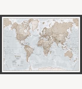 Small The World Is Art Wall Map - Neutral (Wood Frame - Black)