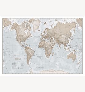 Large The World Is Art Wall Map - Neutral (Wood Frame - White)