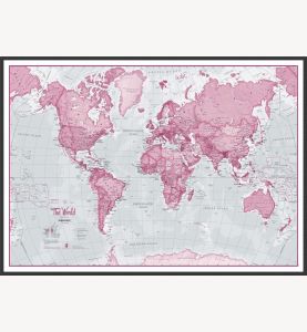 Large The World Is Art Wall Map - Pink (Wood Frame - Black)