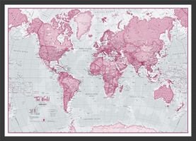 Small The World Is Art Wall Map - Pink (Wood Frame - Black)