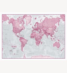 Large The World Is Art Wall Map - Pink (Pinboard & wood frame - White)