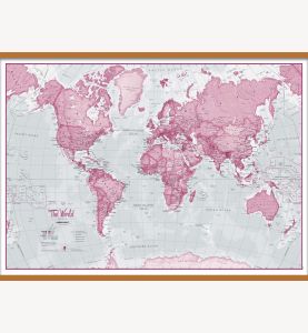 Large The World Is Art Wall Map - Pink (Wooden hanging bars)