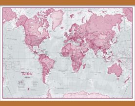 Medium The World Is Art Wall Map - Pink (Wooden hanging bars)