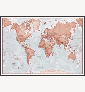 Large The World Is Art Wall Map - Red (Wood Frame - Black)