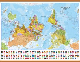 Large Upside-down Political World Wall Map with flags  (Wooden hanging bars)
