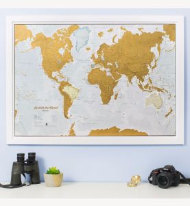 Scratch the World® map print (Pinboard & wood frame - White)