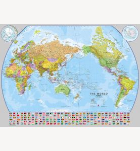 Large Pacific-Centered World Wall Map with flags (Laminated)