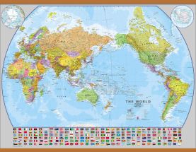 Large Pacific-Centered World Wall Map with flags (Wooden hanging bars)