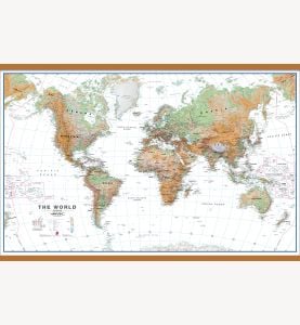Large Physical World Wall Map - White Ocean (Wooden hanging bars)