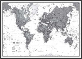 Large Political World Wall Map - Black & White (Pinboard & wood frame - Black)