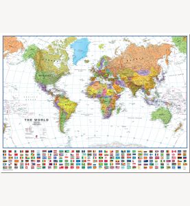 Large Political World Wall Map with flags - White Ocean (Pinboard)