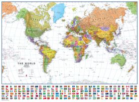 Large Political World Wall Map with flags - White Ocean (Laminated)