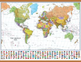 Large Political World Wall Map with flags - White Ocean (Wooden hanging bars)