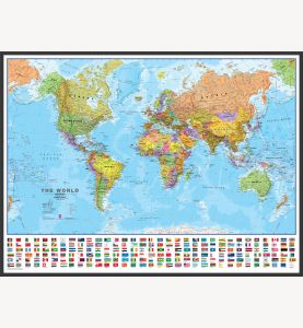 Large Political World Wall Map with flags (Pinboard & wood frame - Black)