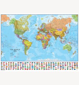 Large Political World Wall Map with flags (Paper)