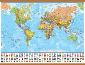 Large Political World Wall Map with flags (Wooden hanging bars)