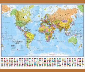 Small Political World Wall Map with flags (Wooden hanging bars)