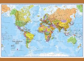 Small Political World Wall Map (Wooden hanging bars)