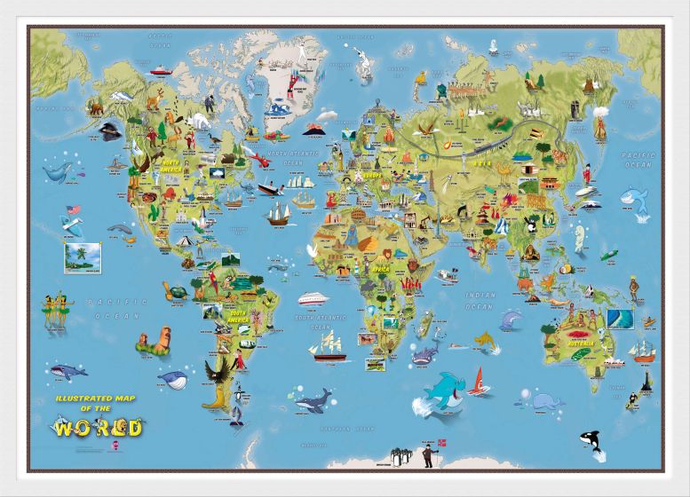 Kids Cartoon World Map (Pinboard & wood frame - White)