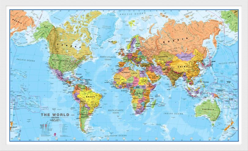 Medium Political World Wall Map (Pinboard & wood frame - White)