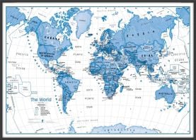 Large Children's Art Map of the World - Blue (Wood Frame - Black)