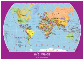 Large Personalized Child's World Map (Pinboard & wood frame - White)