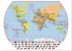 Large Elementary School Political World Wall Map with flags (Pinboard)
