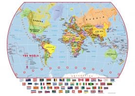 Elementary School Political World Wall Map with flags