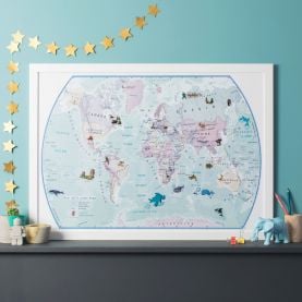 World Illustrated Sticker Map (Pinboard & wood frame - White)