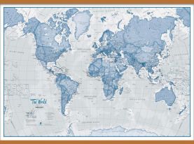 Large The World Is Art Wall Map - Blue (Wooden hanging bars)