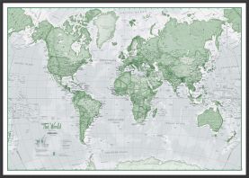 Large The World Is Art Wall Map - Green (Wood Frame - Black)