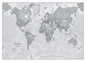 Large The World Is Art Wall Map - Grey (Pinboard & wood frame - White)