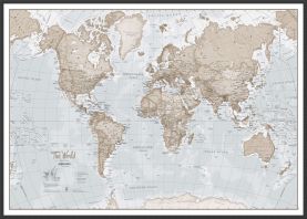 Large The World Is Art Wall Map - Neutral (Pinboard & wood frame - Black)