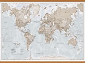 Large The World Is Art Wall Map - Neutral (Wooden hanging bars)
