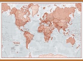 Large The World Is Art Wall Map - Red (Wooden hanging bars)