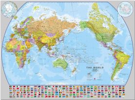 Large Pacific-Centered World Wall Map with flags (Pinboard)