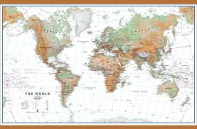 Huge Physical World Wall Map - White Ocean (Wooden hanging bars)