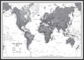 Large Political World Wall Map - Black & White (Wood Frame - Black)