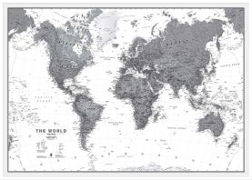 Large Political World Wall Map - Black & White (Pinboard & wood frame - White)